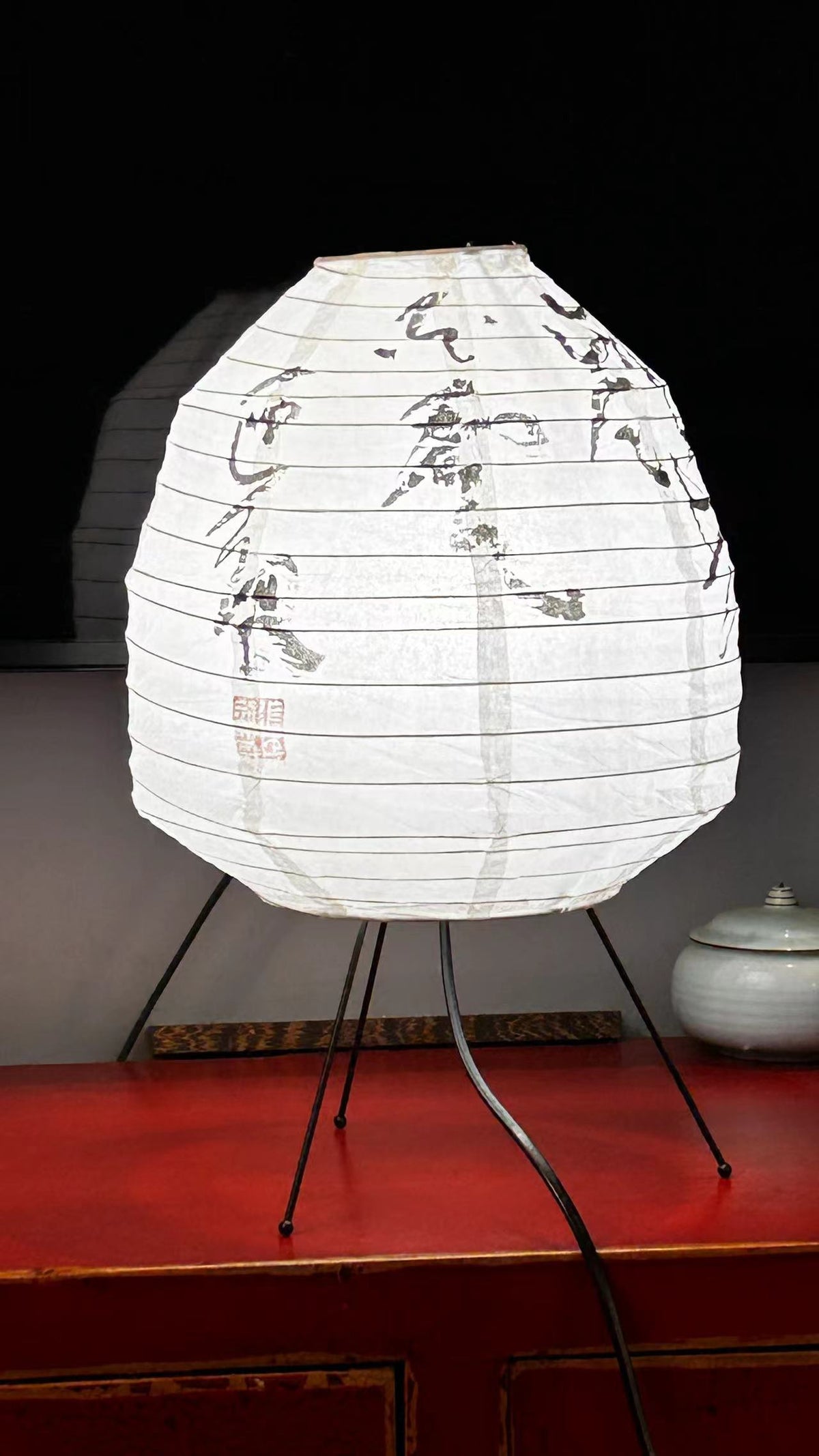 Authentic handwritten art lamp with red seal on rice paper shade