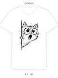 White t-shirt with a cute black and white cartoon cat peeking and surprised expression graphic