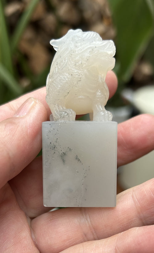 Hand-Carved Shoushan Stone Seal, White Soapstone Name Chop with Mythical Beast Finial
