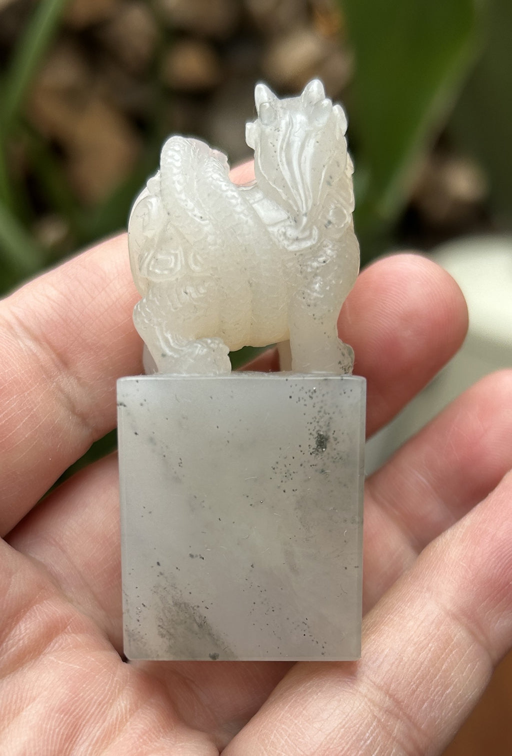 Hand-Carved Shoushan Stone Seal, White Soapstone Name Chop with Mythical Beast Finial