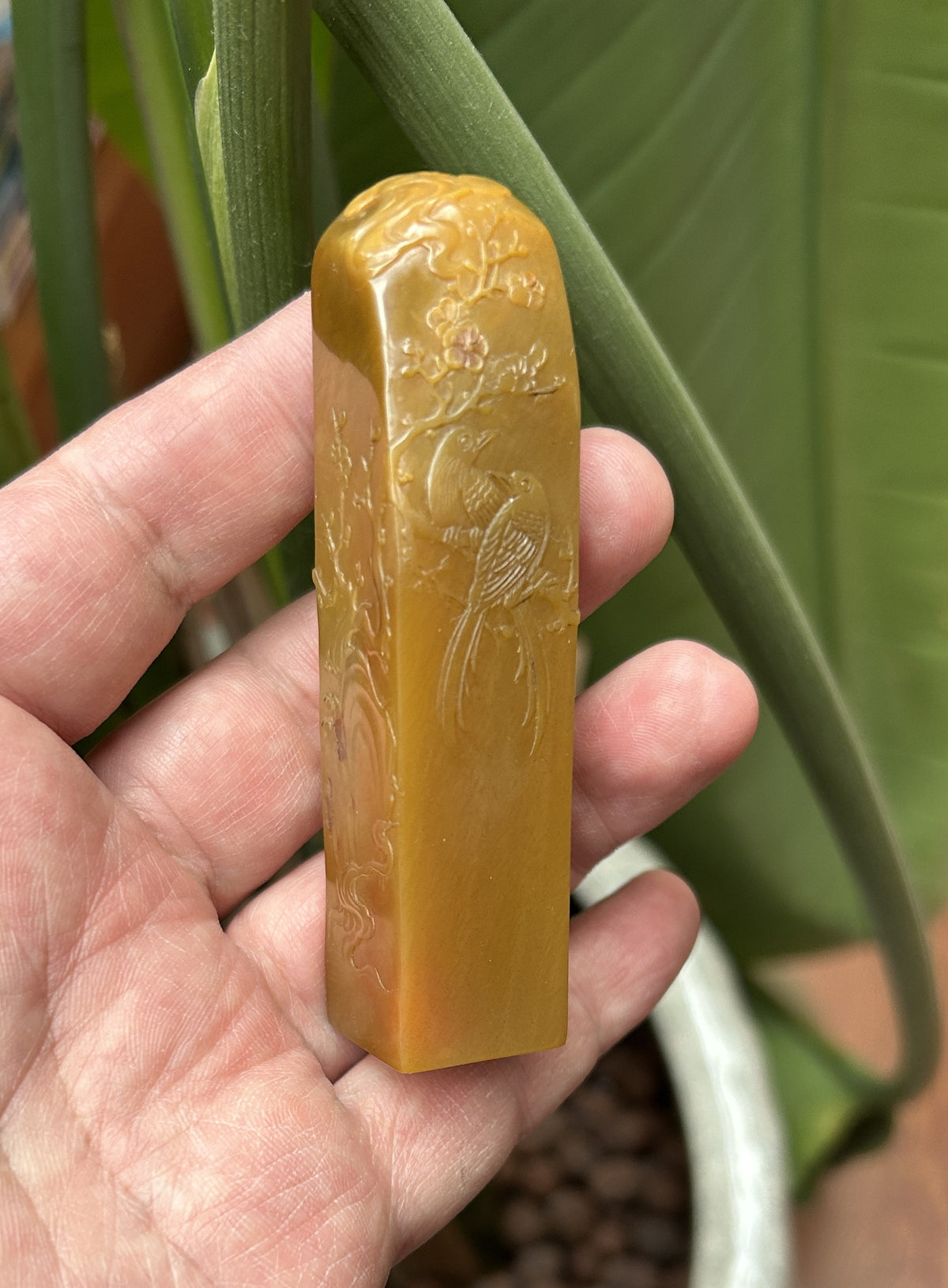 Lao Bei Bu Tian Huang Shi tall rectangle seal blank 2x2x8.5cm hand engraved floral bird relief studio shot held in hand