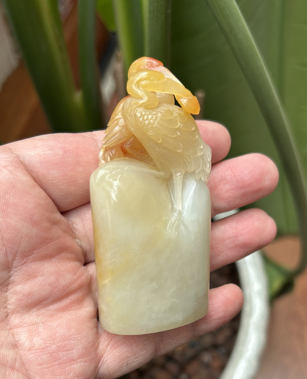 Lao Stone oval seal blank 2.5x3.9x8cm hand carved double crane sculpture top view studio shot held in hand