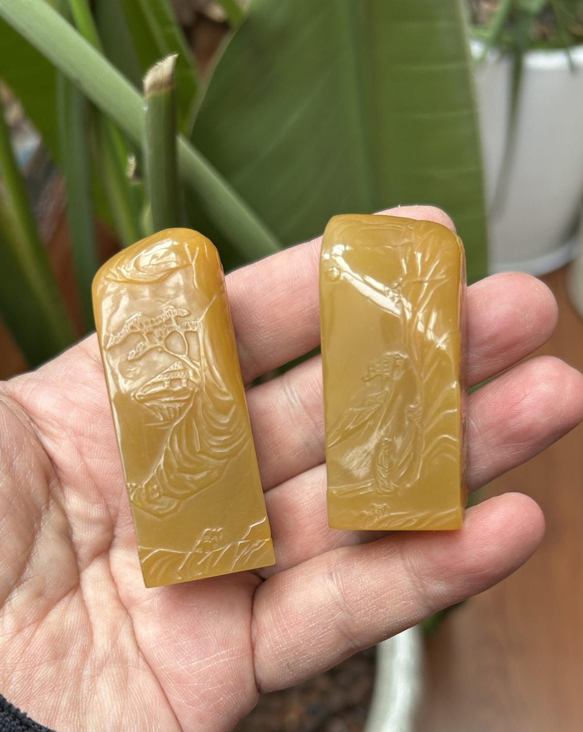 Laos Northern Malt Tian Huang Stone Seal Pair - Hand-Carved Landscape, 'Bo Gu' Style
