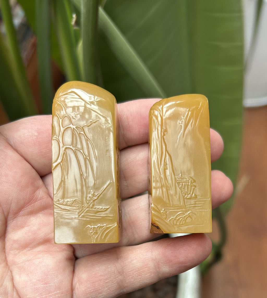 Laos Northern Malt Tian Huang Stone Seal Pair - Hand-Carved Landscape, 'Bo Gu' Style