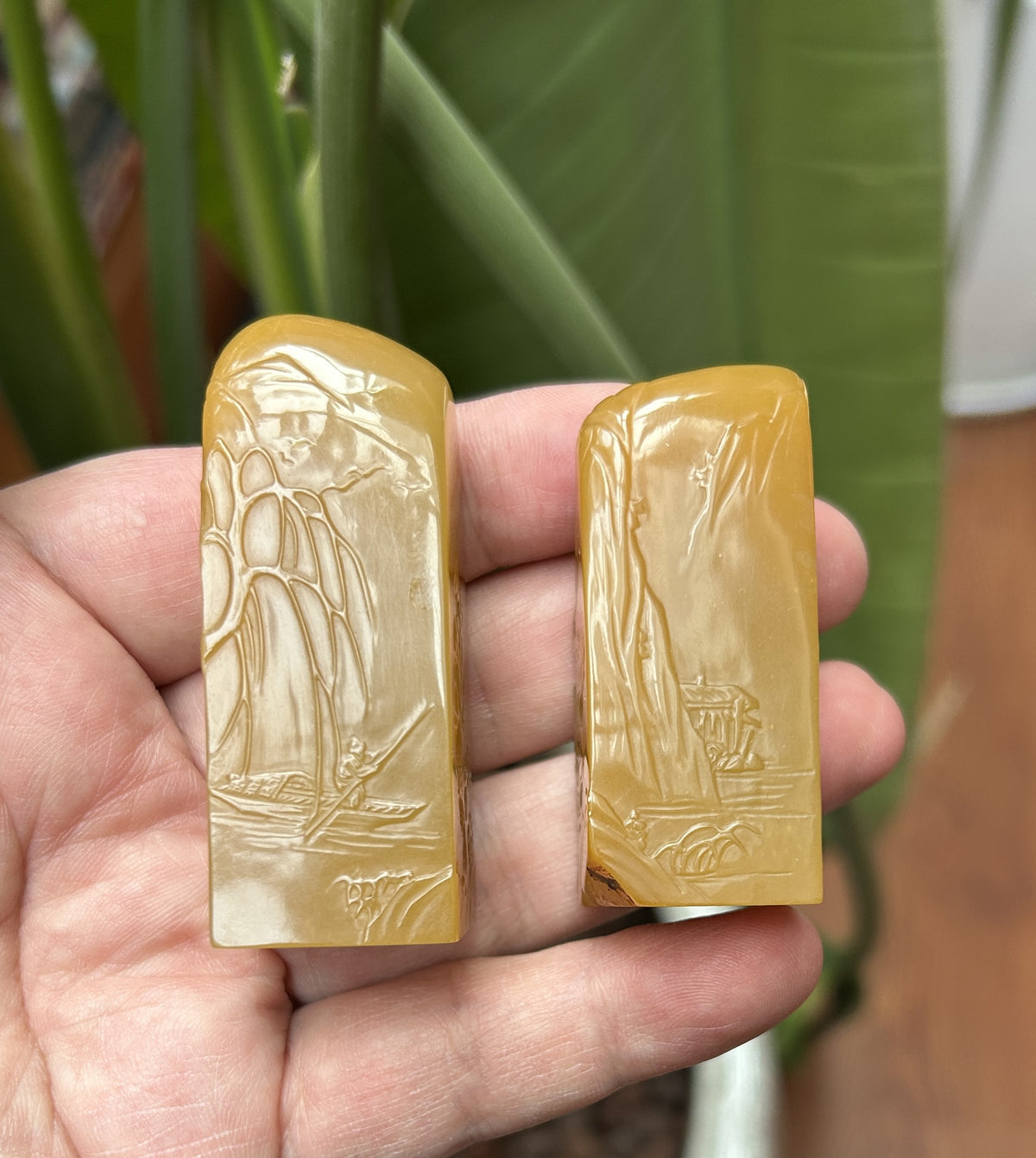 Laos Northern Malt Tian Huang Stone Seal Pair - Hand-Carved Landscape, 'Bo Gu' Style