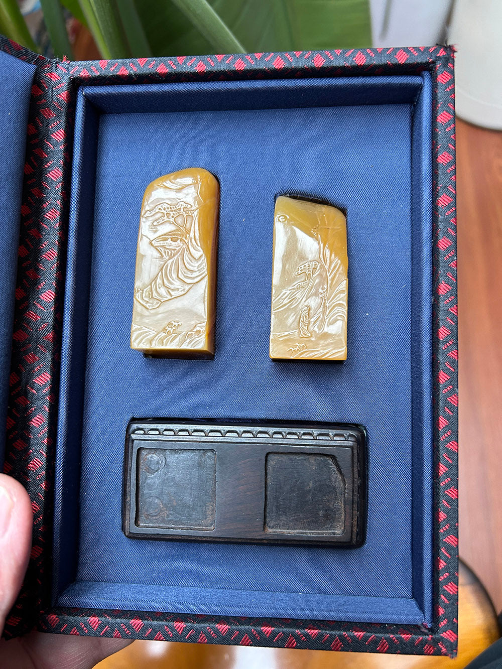 Laos Northern Malt Tian Huang Stone Seal Pair - Hand-Carved Landscape, 'Bo Gu' Style