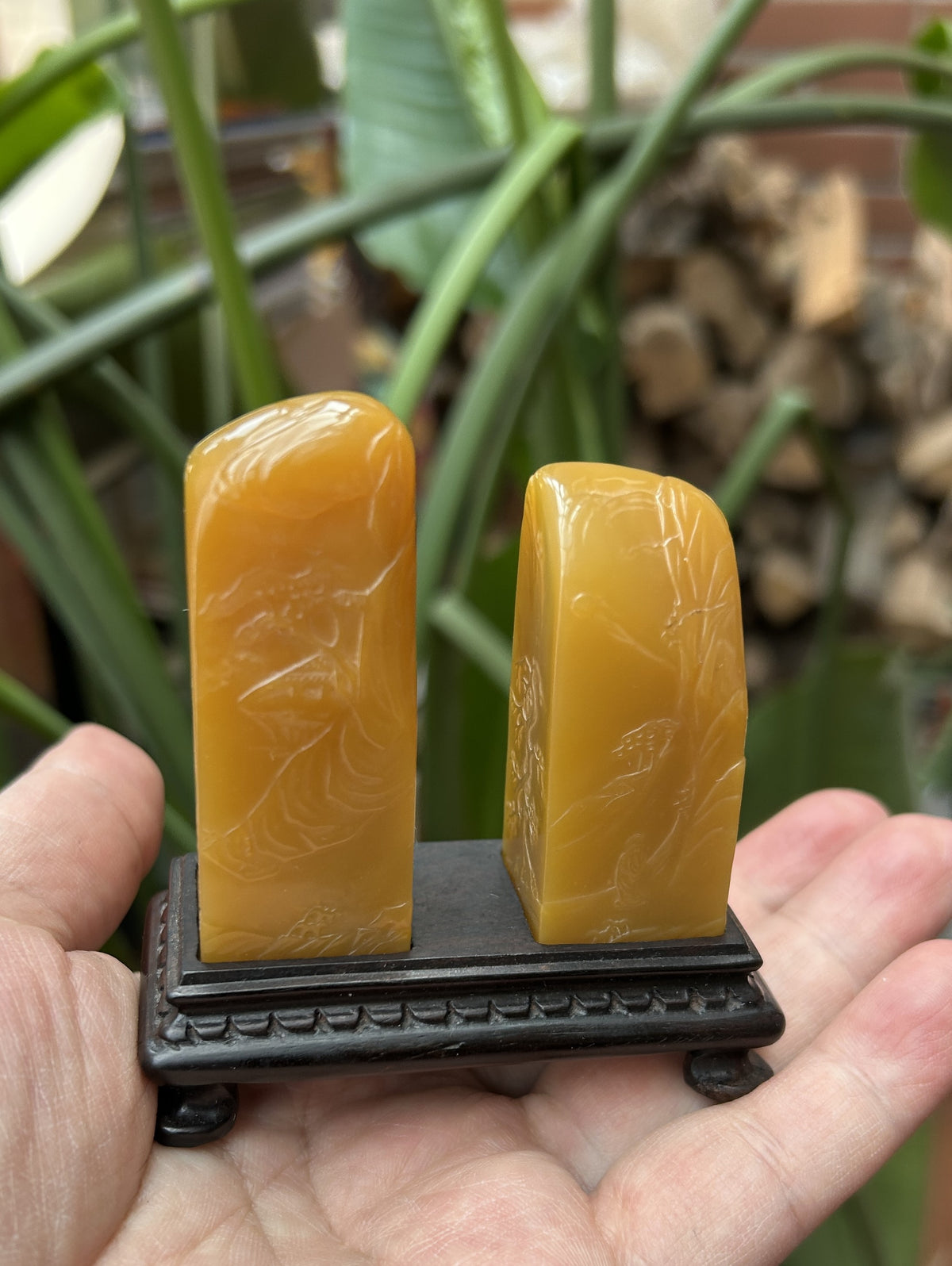 Laos Northern Malt Tian Huang Stone Seal Pair - Hand-Carved Landscape, 'Bo Gu' Style