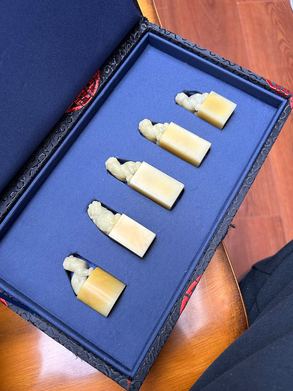 Qingtian Stone 'Caihua' Yellow Seal Set - Hand-Carved Beast Knobs, 5-Piece Collection