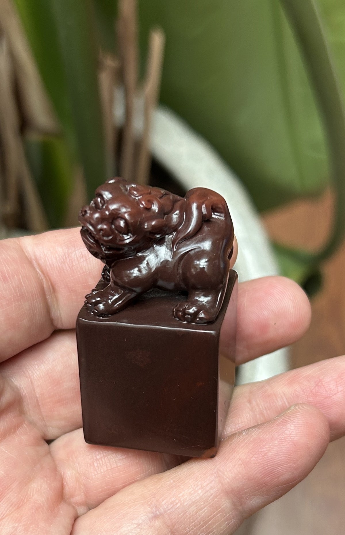 Shoushan Qijiang Yuewei Purple stone seal blank 2.7x2.7x5cm hand carved beast knob studio shot held in hand