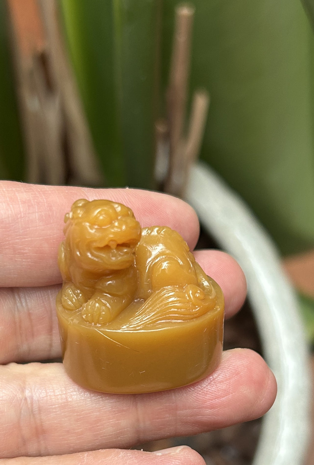 Shoushan Qijiang stone seal blank 2.2x3.2x3.5cm hand carved beast knob oval base studio shot held in hand