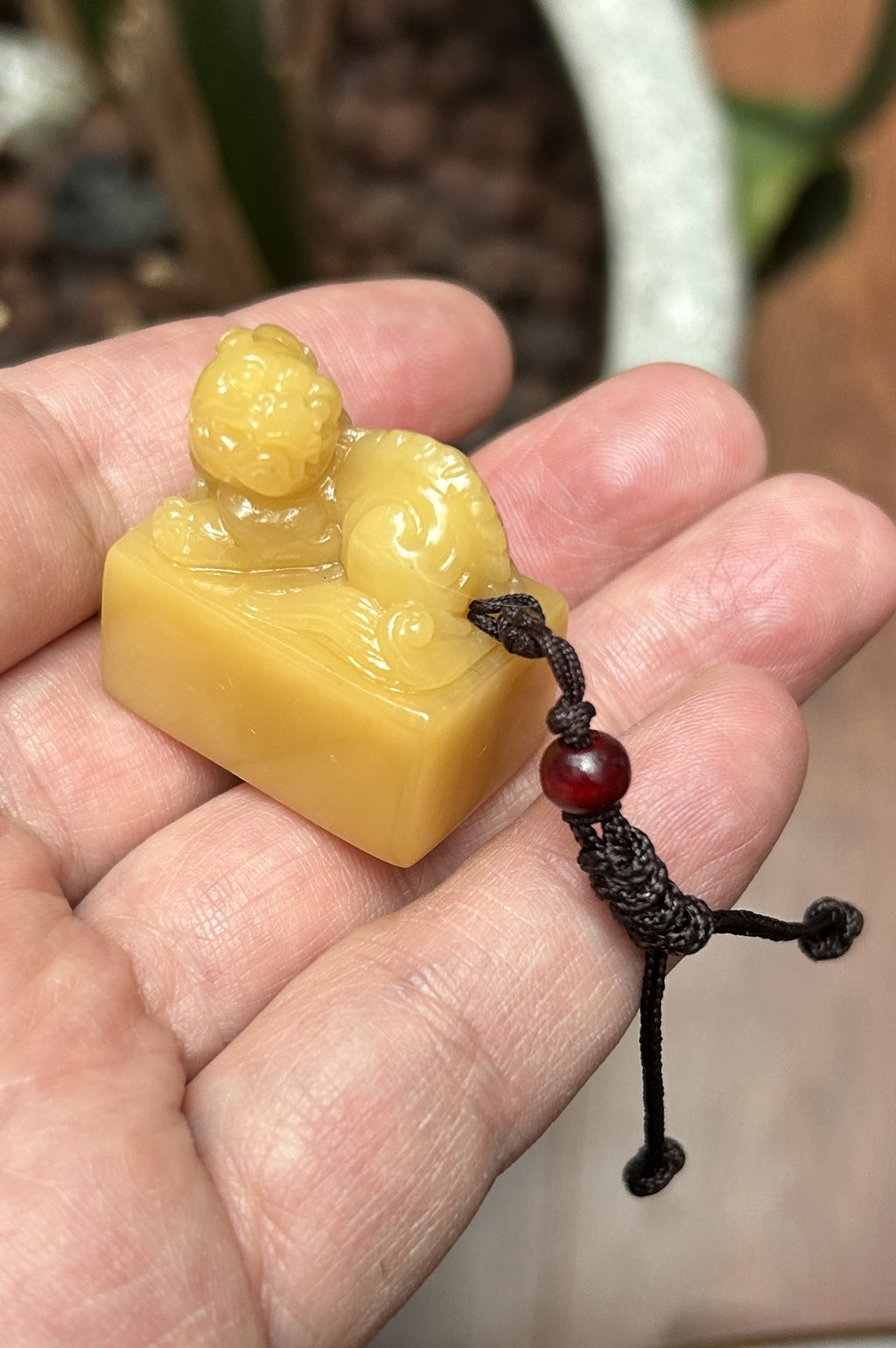 Shoushan Qijiang stone seal blank 1.9x3x3cm hand carved beast knob rectangular base studio shot held in hand