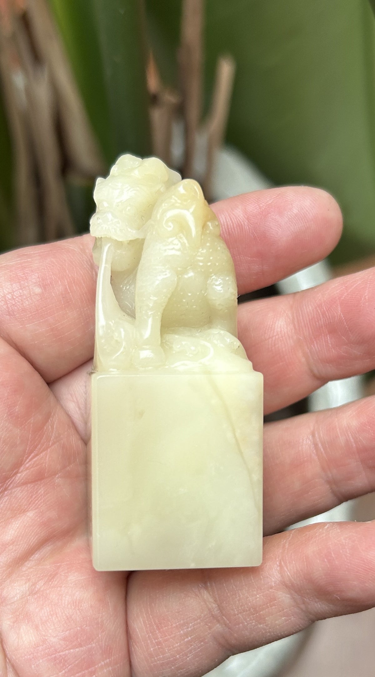 Side profile of twin auspicious creature carving on natural creamy Shoushan Flag Hibiscus seal blank