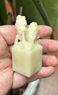 Front view hand carved double mythical beast knob on Shoushan Hibiscus stone square seal