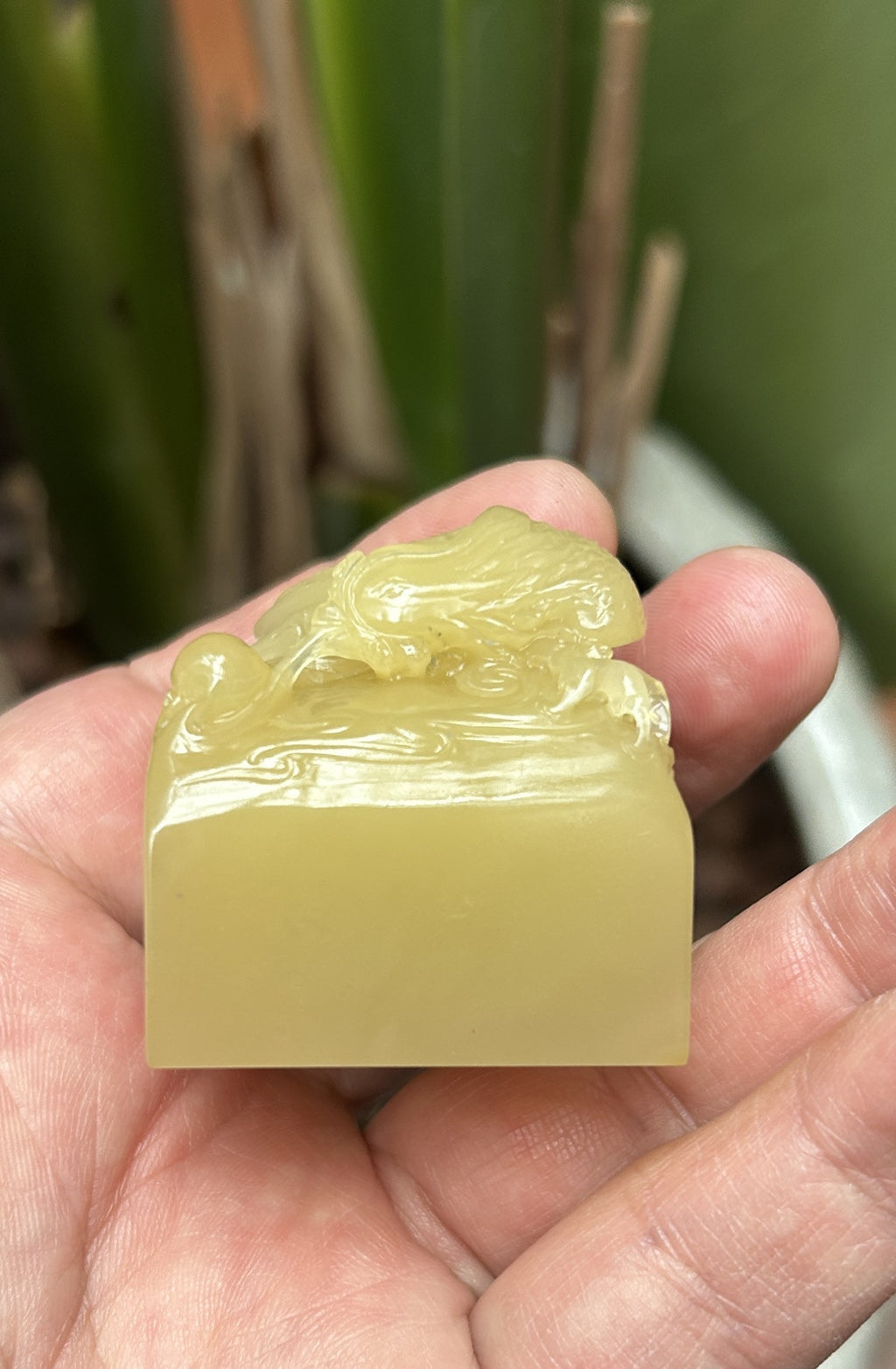 Back view of smooth square stone body with minimalist phoenix carving