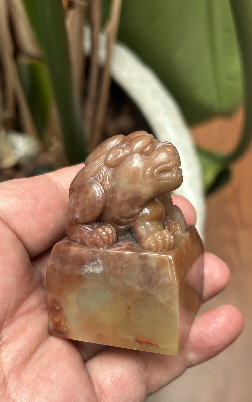 Profile view reclining mythical beast carving on natural brown Laos stone leisure chop